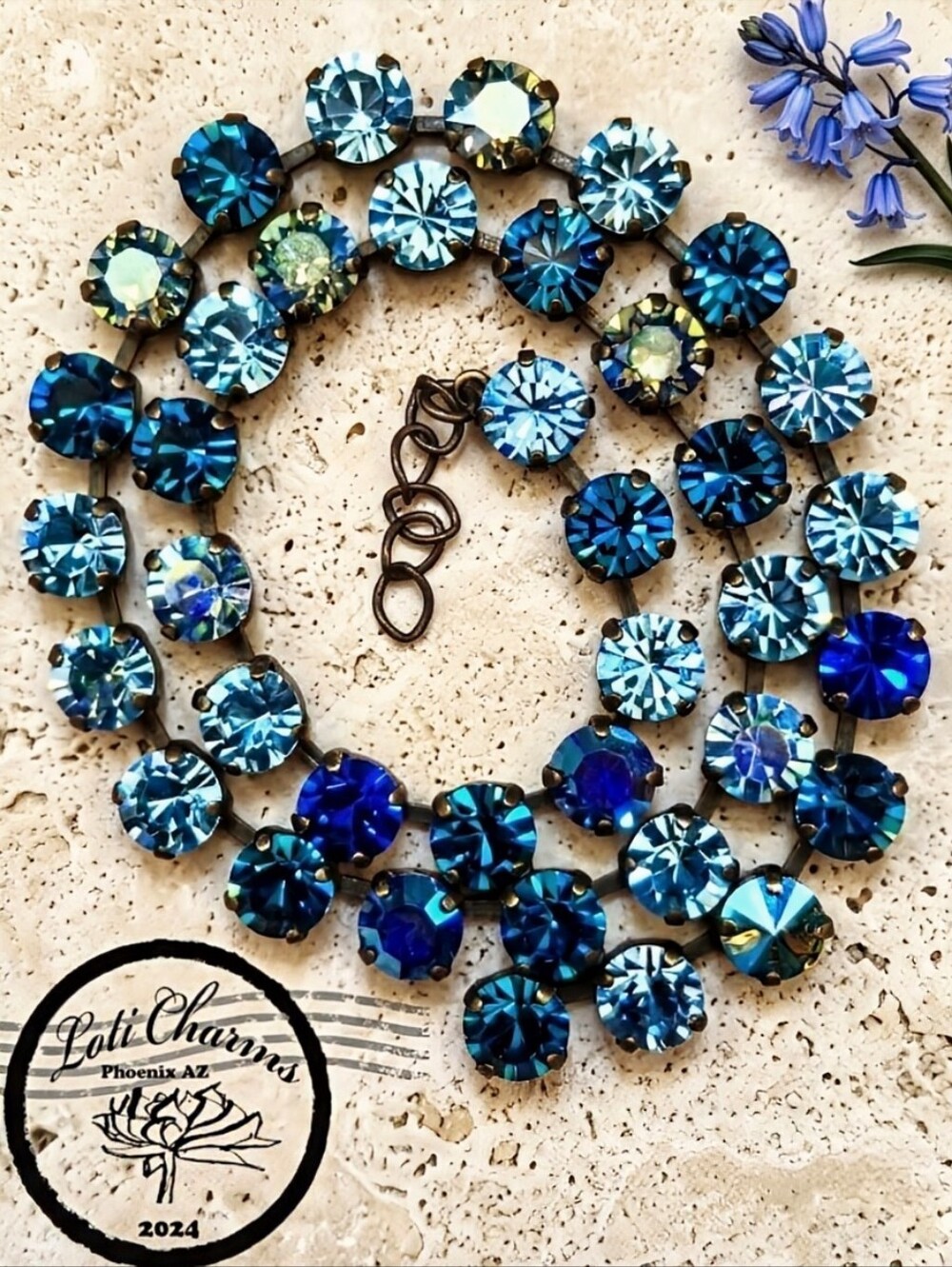 Blue Aquamarine Swarovski Crystals in Classic Tennis Necklace in Brass